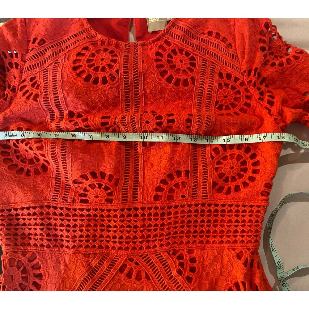 ASOS Design Red Short Sleeve Red Lace Pleated  Paneled Midi Open Back Dress sz 8 - Picture 7 of 8